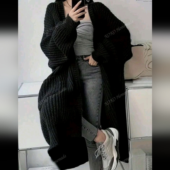 Solid Open Front Loose Knit Cardigan, Casual Long Sleeve Long Length Sweater Wit - Picture 4 of 5